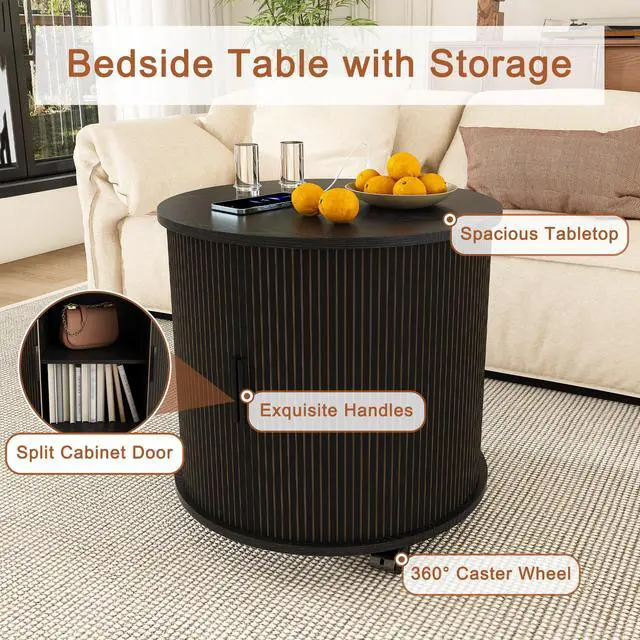 Alt view image 5 of 7 - Mid Century Modern Cylinder End Table With Built-In Charging Station & Sliding Door, 2-Tier Storage Round Nightstand With Usb Ports, Bedside Table For Living Room, Bedroom, Entryway-Black