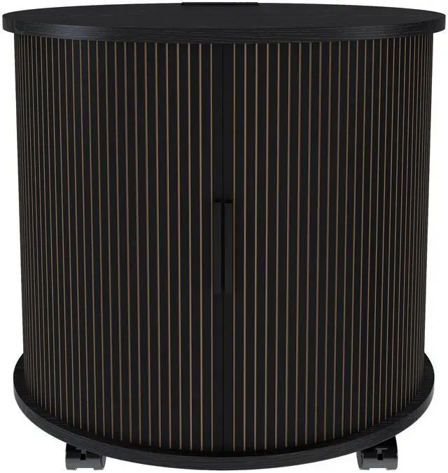 Main image of Mid Century Modern Cylinder End Table With Built-In Charging Station & Sliding Door, 2-Tier Storage Round Nightstand With Usb Ports, Bedside Table For Living Room, Bedroom, Entryway-Black