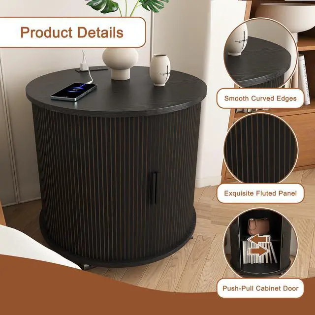 Alt view image 4 of 7 - Mid Century Modern Cylinder End Table With Built-In Charging Station & Sliding Door, 2-Tier Storage Round Nightstand With Usb Ports, Bedside Table For Living Room, Bedroom, Entryway-Black