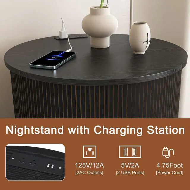 Alt view image 7 of 7 - Mid Century Modern Cylinder End Table With Built-In Charging Station & Sliding Door, 2-Tier Storage Round Nightstand With Usb Ports, Bedside Table For Living Room, Bedroom, Entryway-Black