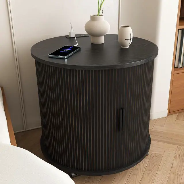 Alt view image 2 of 7 - Mid Century Modern Cylinder End Table With Built-In Charging Station & Sliding Door, 2-Tier Storage Round Nightstand With Usb Ports, Bedside Table For Living Room, Bedroom, Entryway-Black