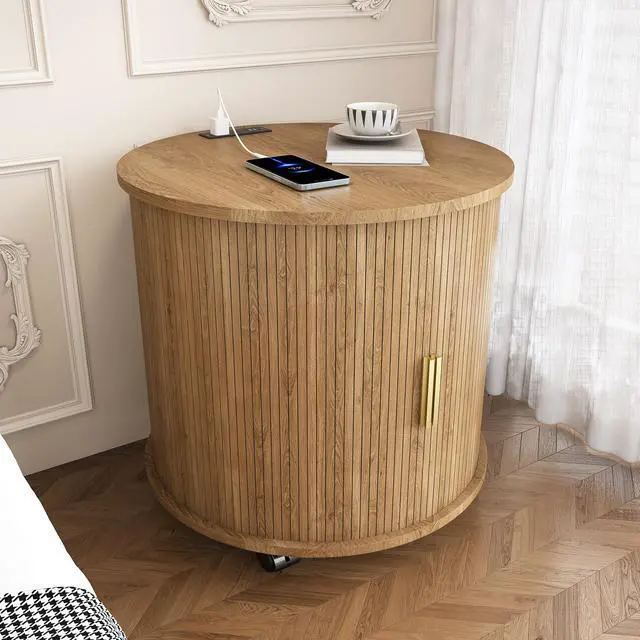 Alt view image 2 of 7 - Mid Century Modern Cylinder End Table With Built-In Charging Station & Sliding Door, 2-Tier Storage Round Nightstand With Usb Ports, Osk Bedside Table For Living Room, Bedroom, Entryway