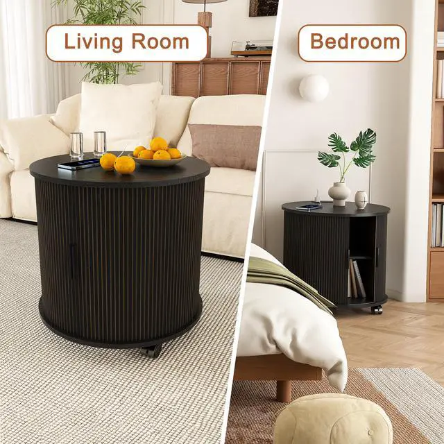 Alt view image 6 of 7 - Mid Century Modern Cylinder End Table With Built-In Charging Station & Sliding Door, 2-Tier Storage Round Nightstand With Usb Ports, Bedside Table For Living Room, Bedroom, Entryway-Black