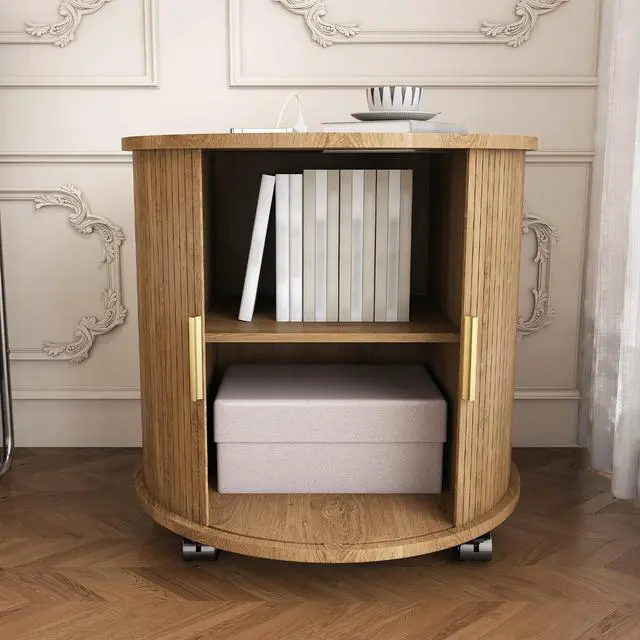 Alt view image 6 of 7 - Mid Century Modern Cylinder End Table With Built-In Charging Station & Sliding Door, 2-Tier Storage Round Nightstand With Usb Ports, Osk Bedside Table For Living Room, Bedroom, Entryway