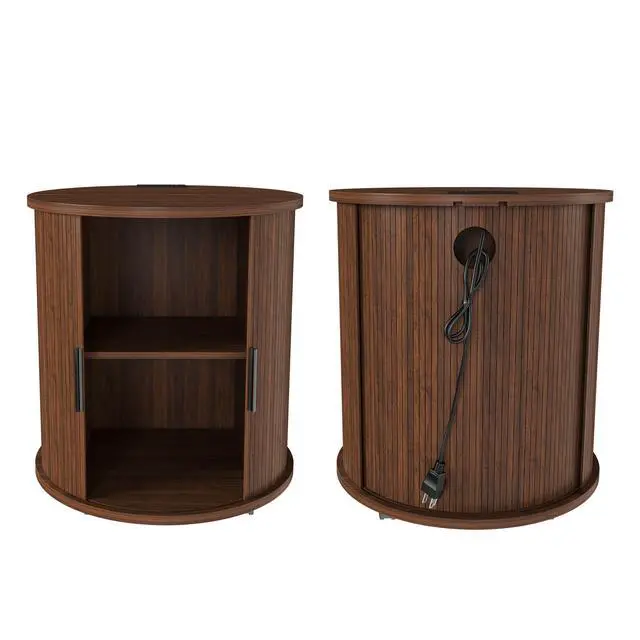 Alt view image 2 of 7 - Set Of 2 Mid Century Modern Cylinder End Tables With Built-In Charging Station & Sliding Door, 2-Tier Storage Round Nightstands With Usb Ports, Walnut Bedside Tables For Living Room, Bedroom, Entryway