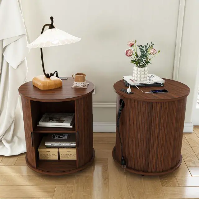 Main image of Set Of 2 Mid Century Modern Cylinder End Tables With Built-In Charging Station & Sliding Door, 2-Tier Storage Round Nightstands With Usb Ports, Walnut Bedside Tables For Living Room, Bedroom, Entryway