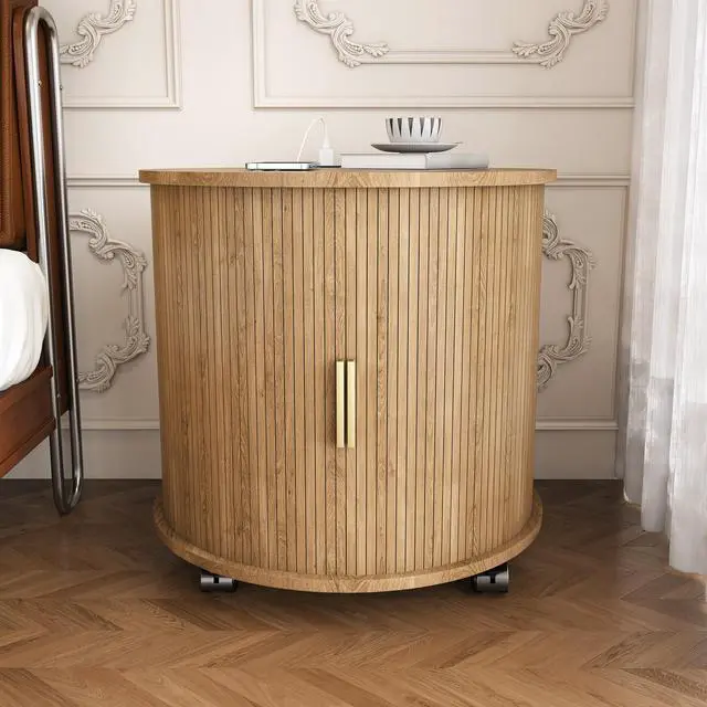 Alt view image 4 of 7 - Mid Century Modern Cylinder End Table With Built-In Charging Station & Sliding Door, 2-Tier Storage Round Nightstand With Usb Ports, Osk Bedside Table For Living Room, Bedroom, Entryway