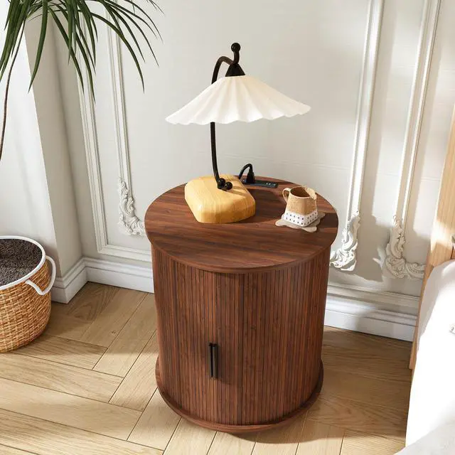 Alt view image 6 of 7 - Set Of 2 Mid Century Modern Cylinder End Tables With Built-In Charging Station & Sliding Door, 2-Tier Storage Round Nightstands With Usb Ports, Walnut Bedside Tables For Living Room, Bedroom, Entryway