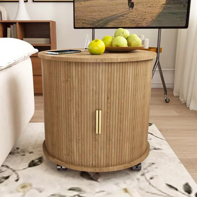Alt view image 2 of 7 - Set Of2 Mid Century Modern Cylinder End Table With Built-In Charging Station & Sliding Door, 2-Tier Storage Round Nightstand With Usb Ports, Osk Bedside Table For Living Room, Bedroom, Entryway