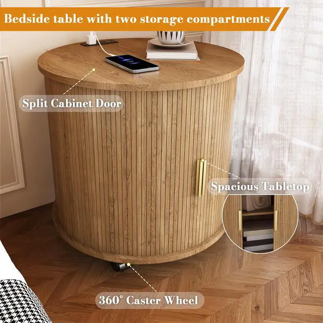 Alt view image 5 of 7 - Set Of2 Mid Century Modern Cylinder End Table With Built-In Charging Station & Sliding Door, 2-Tier Storage Round Nightstand With Usb Ports, Osk Bedside Table For Living Room, Bedroom, Entryway