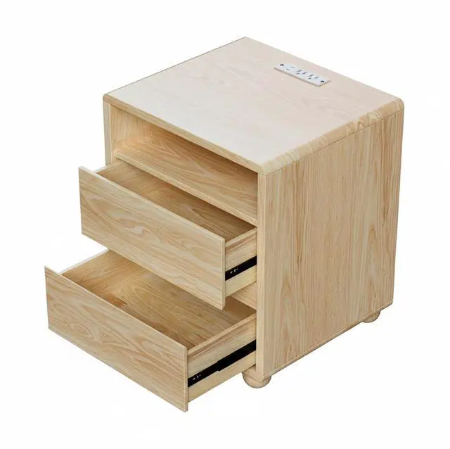 Main image of 20"Modern Nightstand With 2 Drawers And Shelves Solid Wood Night Stand With Charger Station Mid Century Bedside Table Curved Wood Side Table For Bedroom Living Room