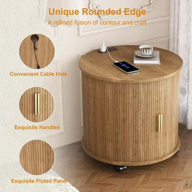 Alt view image 7 of 7 - Set Of2 Mid Century Modern Cylinder End Table With Built-In Charging Station & Sliding Door, 2-Tier Storage Round Nightstand With Usb Ports, Osk Bedside Table For Living Room, Bedroom, Entryway