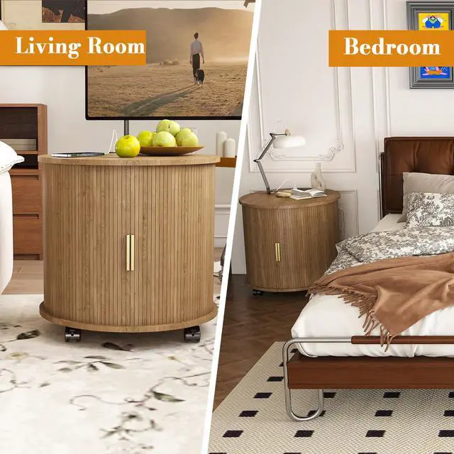 Alt view image 6 of 7 - Set Of2 Mid Century Modern Cylinder End Table With Built-In Charging Station & Sliding Door, 2-Tier Storage Round Nightstand With Usb Ports, Osk Bedside Table For Living Room, Bedroom, Entryway