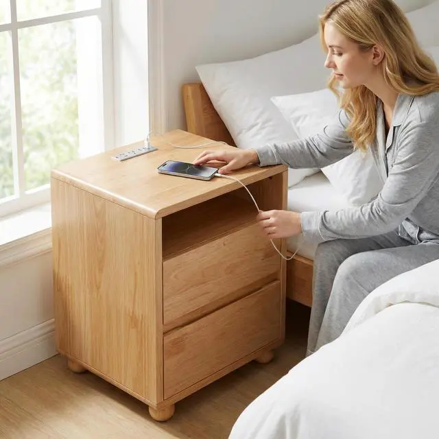 Alt view image 2 of 7 - 20"Modern Nightstand With 2 Drawers And Shelves Solid Wood Night Stand With Charger Station Mid Century Bedside Table Curved Wood Side Table For Bedroom Living Room