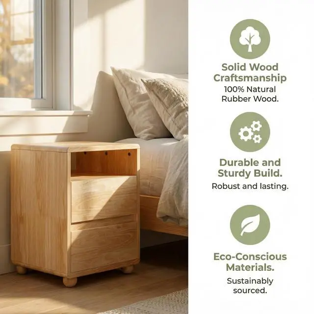 Alt view image 4 of 7 - 20"Modern Nightstand With 2 Drawers And Shelves Solid Wood Night Stand With Charger Station Mid Century Bedside Table Curved Wood Side Table For Bedroom Living Room