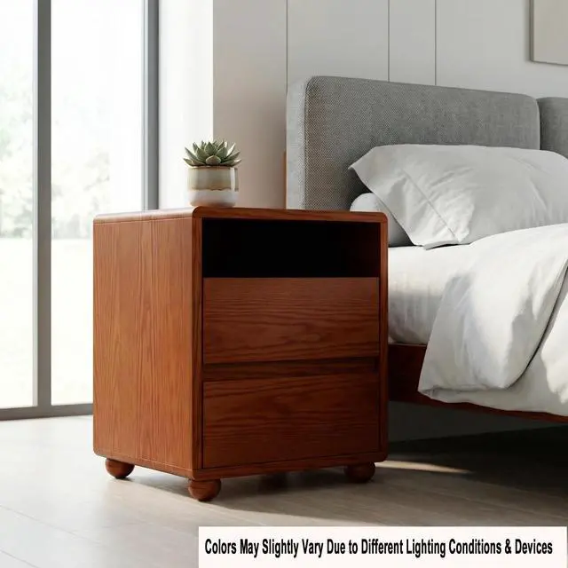 Alt view image 2 of 7 - 20"Modern Nightstand With 2 Drawers And Shelves Solid Wood Night Stand With Charger Station Mid Century Bedside Table Curved Wood Side Table-Walnut