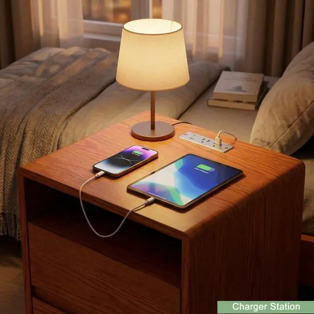 Alt view image 4 of 7 - 20"Modern Nightstand With 2 Drawers And Shelves Solid Wood Night Stand With Charger Station Mid Century Bedside Table Curved Wood Side Table-Walnut