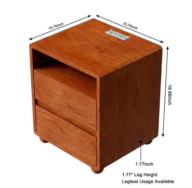 Alt view image 3 of 7 - 20"Modern Nightstand With 2 Drawers And Shelves Solid Wood Night Stand With Charger Station Mid Century Bedside Table Curved Wood Side Table-Walnut
