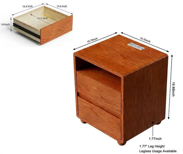 Alt view image 6 of 7 - 20"Modern Nightstand With 2 Drawers And Shelves Solid Wood Night Stand With Charger Station Mid Century Bedside Table Curved Wood Side Table-Walnut
