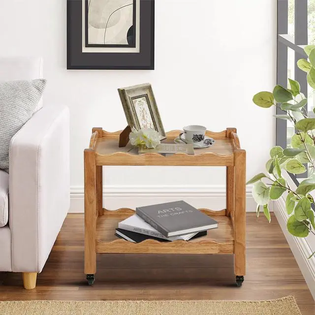 Main image of Solid Rubberwood Rolling Side Table, 2-Tier With Lockable Wheels & Removable Tray, Sturdy Durable For Bar Cart, Nightstand, End Table, Sofa Table