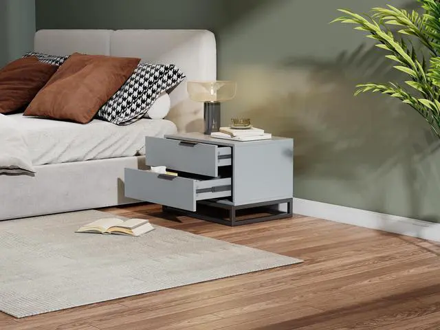 Alt view image 4 of 6 - 22" Grey White Nightstand With 2 Drawer , Small Dressers For Closet, Wood Storage Cabinet For Hallway Bedroom Entryway, Sofa Beside Table Drawer Chest