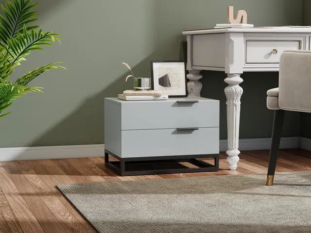 Alt view image 6 of 6 - 22" Grey White Nightstand With 2 Drawer , Small Dressers For Closet, Wood Storage Cabinet For Hallway Bedroom Entryway, Sofa Beside Table Drawer Chest