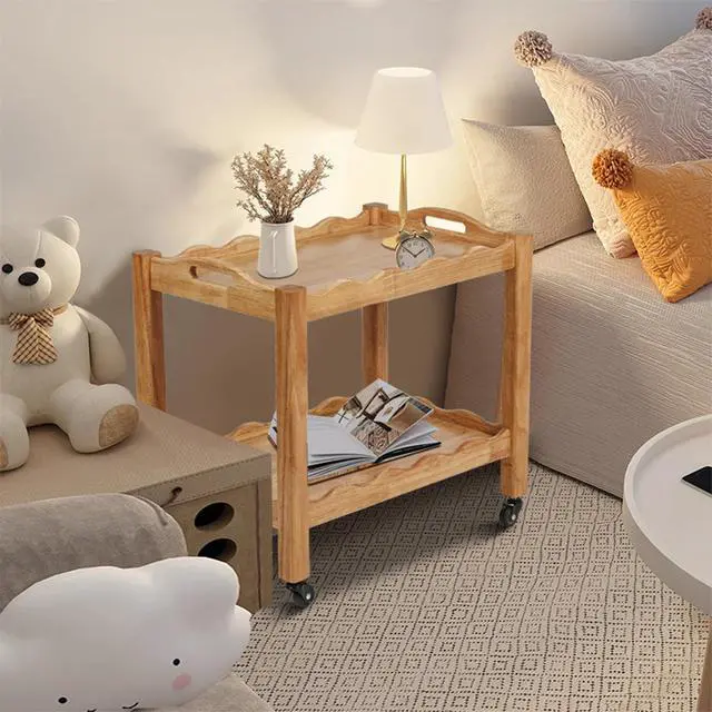 Alt view image 3 of 7 - Solid Rubberwood Rolling Side Table, 2-Tier With Lockable Wheels & Removable Tray, Sturdy Durable For Bar Cart, Nightstand, End Table, Sofa Table