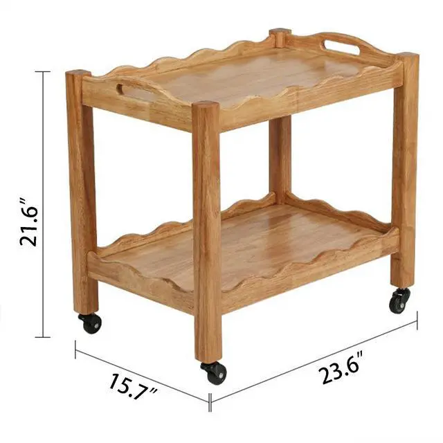 Alt view image 4 of 7 - Solid Rubberwood Rolling Side Table, 2-Tier With Lockable Wheels & Removable Tray, Sturdy Durable For Bar Cart, Nightstand, End Table, Sofa Table