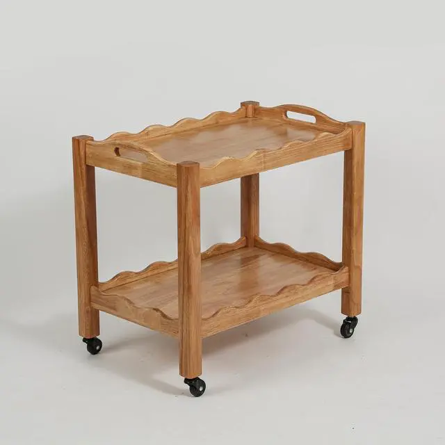 Alt view image 5 of 7 - Solid Rubberwood Rolling Side Table, 2-Tier With Lockable Wheels & Removable Tray, Sturdy Durable For Bar Cart, Nightstand, End Table, Sofa Table