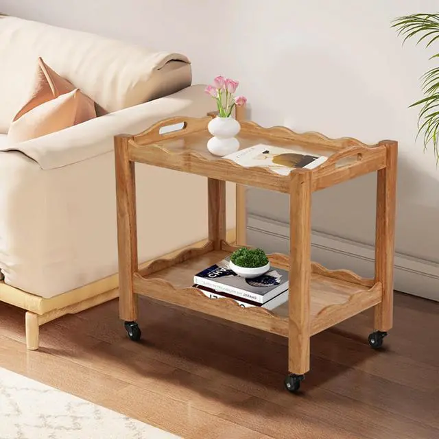 Alt view image 2 of 7 - Solid Rubberwood Rolling Side Table, 2-Tier With Lockable Wheels & Removable Tray, Sturdy Durable For Bar Cart, Nightstand, End Table, Sofa Table