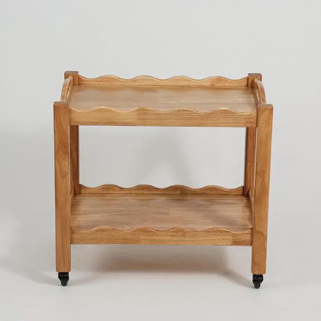 Alt view image 6 of 7 - Solid Rubberwood Rolling Side Table, 2-Tier With Lockable Wheels & Removable Tray, Sturdy Durable For Bar Cart, Nightstand, End Table, Sofa Table