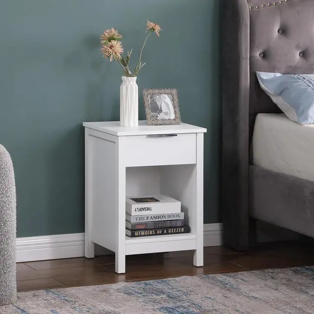 Alt view image 5 of 7 - Nightstand With Drawer,3-Tier End Side Table With Storage Drawer And Shelf,Modern Bedside Night Stand For Bedroom, Living Room-Retro White