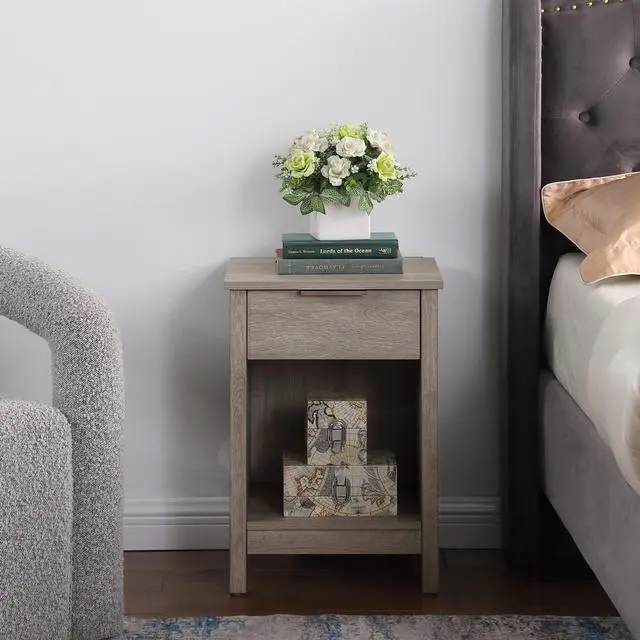 Alt view image 3 of 7 - Nightstand With Drawer,End Table With Drawer And Open Shelf,Easy Assemble,Sturdy Side Frames,Metal Handle,Night Stand For Bedroom, Side Table For Livingroom,Rustic Grey