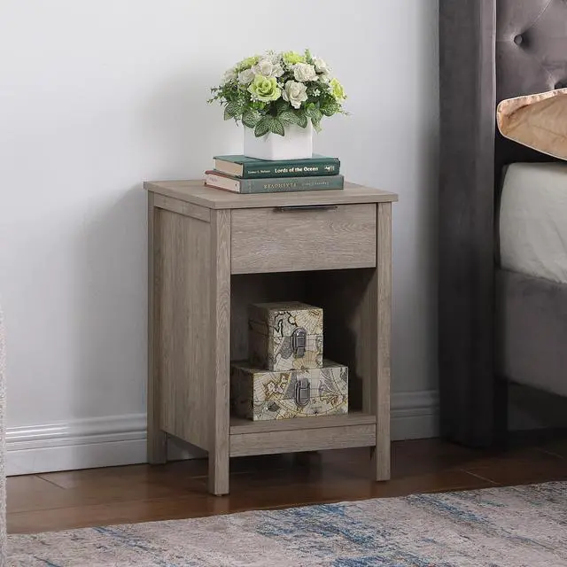 Alt view image 2 of 7 - Nightstand With Drawer,End Table With Drawer And Open Shelf,Easy Assemble,Sturdy Side Frames,Metal Handle,Night Stand For Bedroom, Side Table For Livingroom,Rustic Grey
