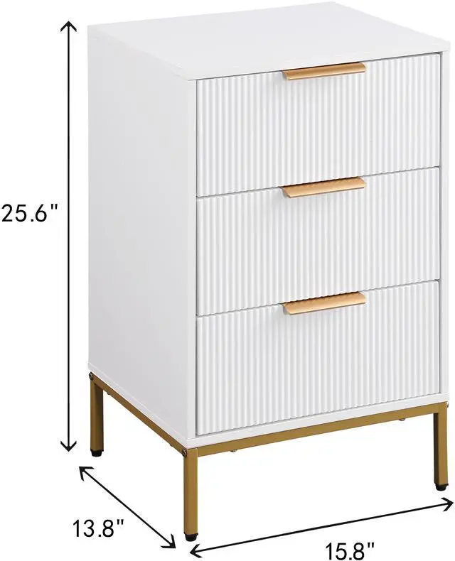 Alt view image 3 of 7 - Nightstand With 3 Drawers,Mid-Century Modern End Table,Bedside Table, Gold Metal Legs,Gold Metal Handles,Wavy Drawer Panelsend Table For Bedroom White