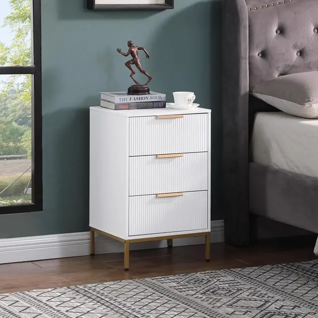 Main image of Nightstand With 3 Drawers,Mid-Century Modern End Table,Bedside Table, Gold Metal Legs,Gold Metal Handles,Wavy Drawer Panelsend Table For Bedroom White