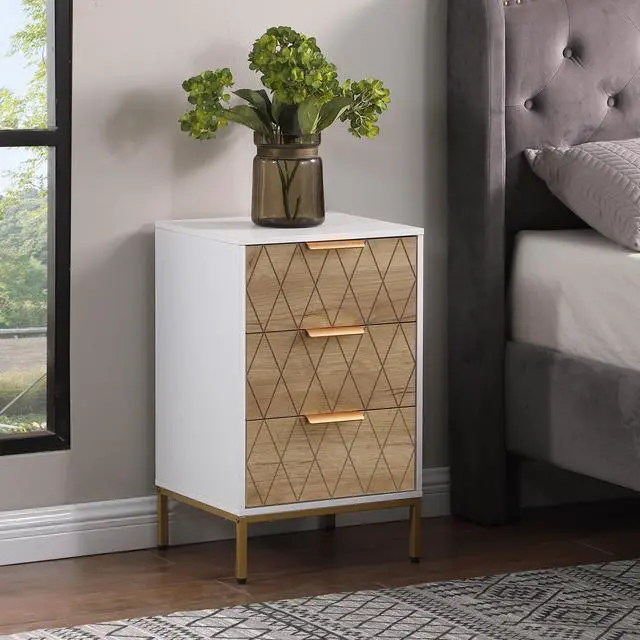 Alt view image 2 of 7 - Nightstand With 3 Drawers, Mid-Century Modern End Table,Gold Metalfeet, Gold Metal Handles , Drawer Panels Are Shaped By Cutting Lines,End Table For Bedroom,White And Natural