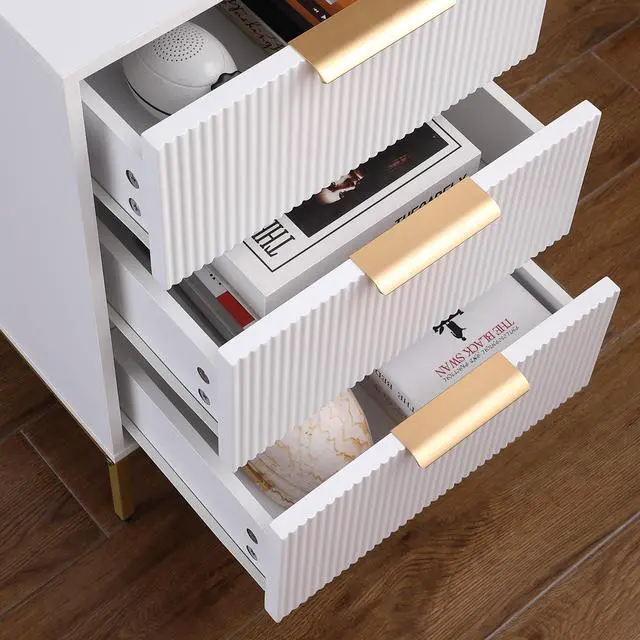 Alt view image 2 of 7 - Nightstand With 3 Drawers,Mid-Century Modern End Table,Bedside Table, Gold Metal Legs,Gold Metal Handles,Wavy Drawer Panelsend Table For Bedroom White
