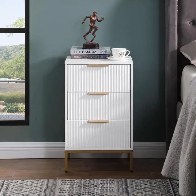 Alt view image 5 of 7 - Nightstand With 3 Drawers,Mid-Century Modern End Table,Bedside Table, Gold Metal Legs,Gold Metal Handles,Wavy Drawer Panelsend Table For Bedroom White
