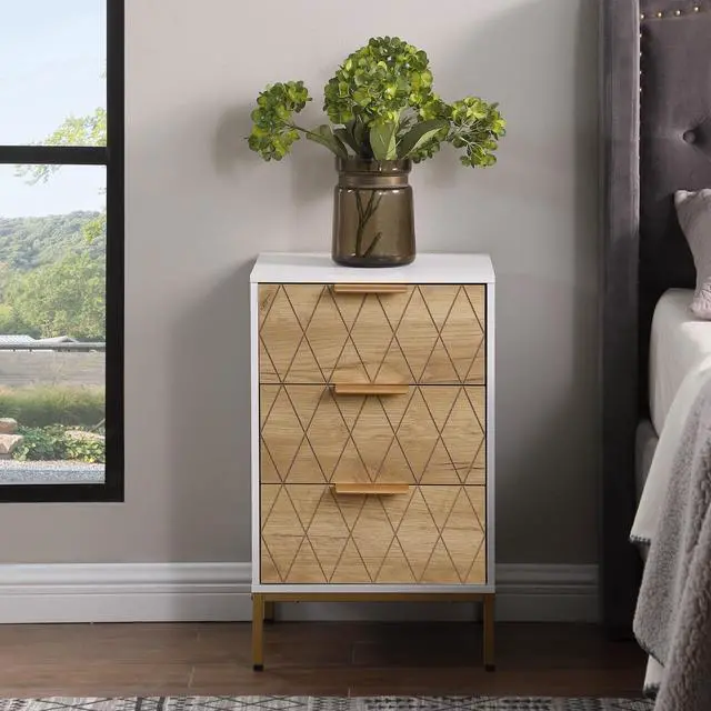 Alt view image 3 of 7 - Nightstand With 3 Drawers, Mid-Century Modern End Table,Gold Metalfeet, Gold Metal Handles , Drawer Panels Are Shaped By Cutting Lines,End Table For Bedroom,White And Natural