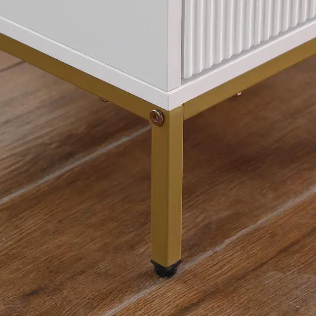 Alt view image 7 of 7 - Nightstand With 3 Drawers,Mid-Century Modern End Table,Bedside Table, Gold Metal Legs,Gold Metal Handles,Wavy Drawer Panelsend Table For Bedroom White