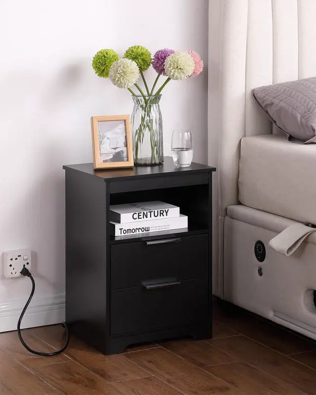 Alt view image 3 of 7 - Nightstand With Charging Station,End Table With 2 Drawers,Wooden End Table With Drawer And Opening Shelf,Side Table For Bedroom, Black