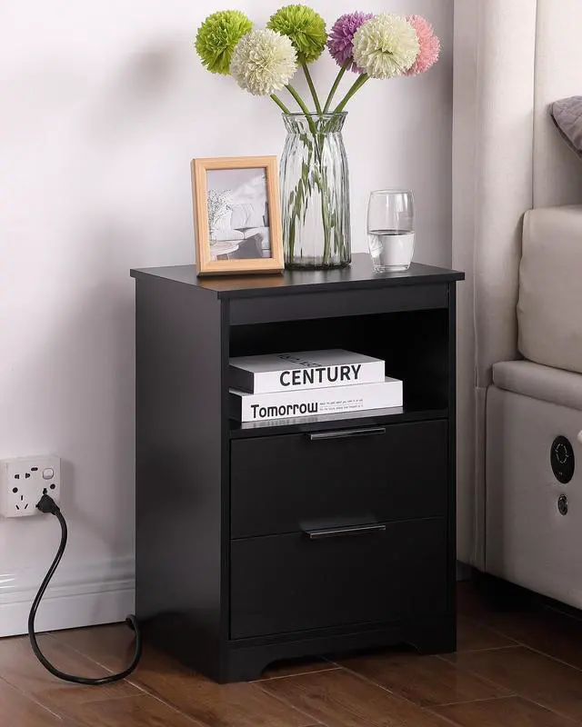 Alt view image 4 of 7 - Nightstand With Charging Station,End Table With 2 Drawers,Wooden End Table With Drawer And Opening Shelf,Side Table For Bedroom, Black