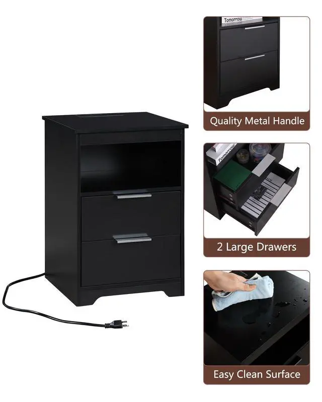 Alt view image 2 of 7 - Nightstand With Charging Station,End Table With 2 Drawers,Wooden End Table With Drawer And Opening Shelf,Side Table For Bedroom, Black