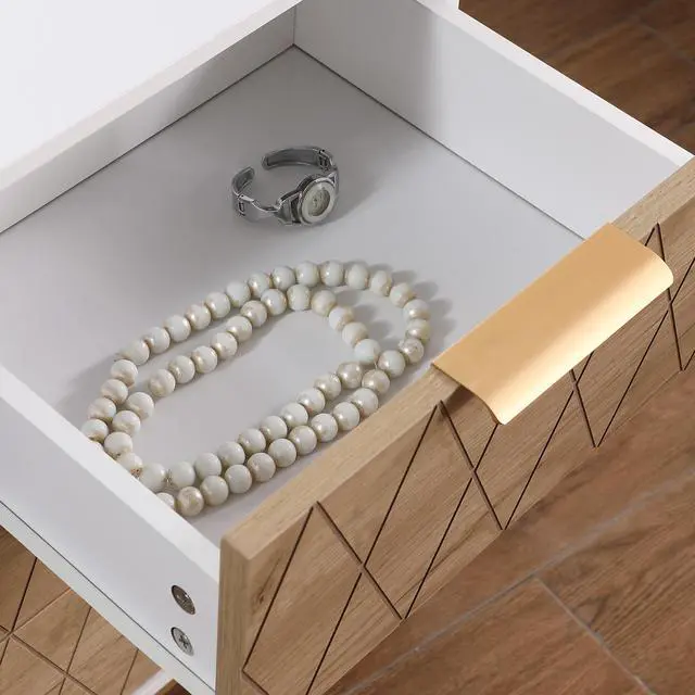 Alt view image 5 of 7 - Nightstand With 3 Drawers, Mid-Century Modern End Table,Gold Metalfeet, Gold Metal Handles , Drawer Panels Are Shaped By Cutting Lines,End Table For Bedroom,White And Natural