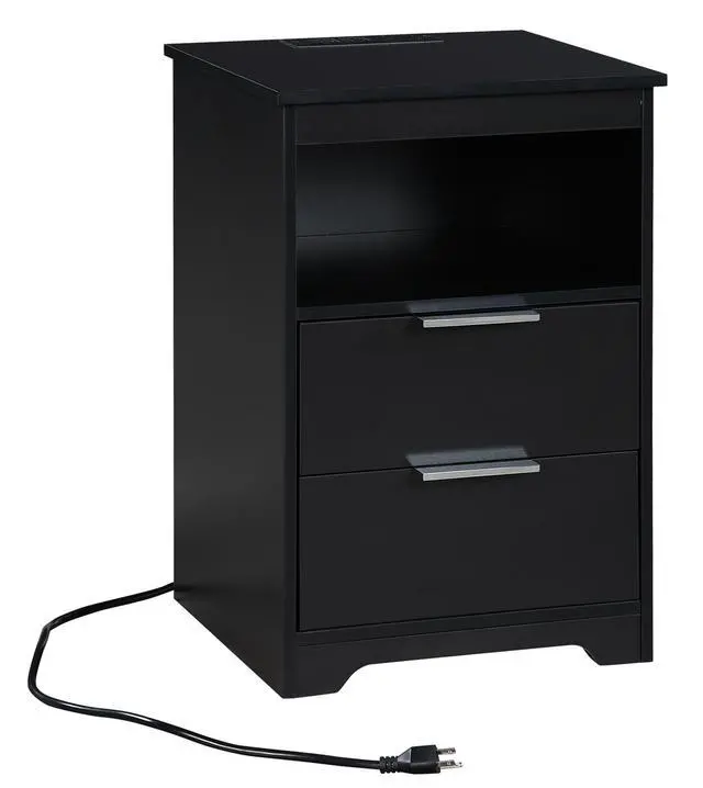 Alt view image 6 of 7 - Nightstand With Charging Station,End Table With 2 Drawers,Wooden End Table With Drawer And Opening Shelf,Side Table For Bedroom, Black
