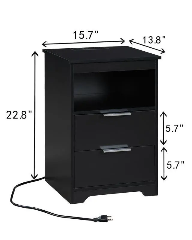 Alt view image 5 of 7 - Nightstand With Charging Station,End Table With 2 Drawers,Wooden End Table With Drawer And Opening Shelf,Side Table For Bedroom, Black