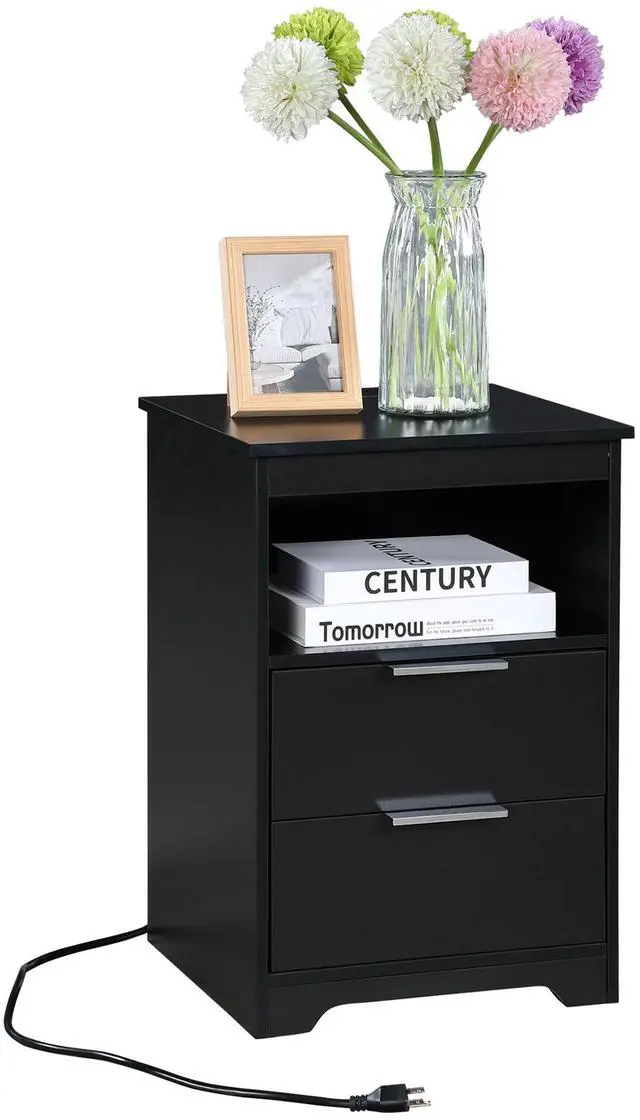 Main image of Nightstand With Charging Station,End Table With 2 Drawers,Wooden End Table With Drawer And Opening Shelf,Side Table For Bedroom, Black