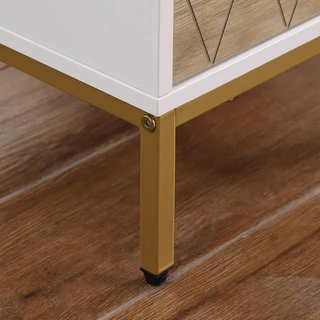 Alt view image 6 of 7 - Nightstand With 3 Drawers, Mid-Century Modern End Table,Gold Metalfeet, Gold Metal Handles , Drawer Panels Are Shaped By Cutting Lines,End Table For Bedroom,White And Natural