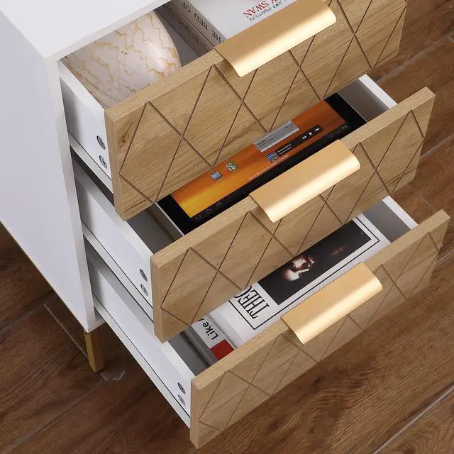 Alt view image 7 of 7 - Nightstand With 3 Drawers, Mid-Century Modern End Table,Gold Metalfeet, Gold Metal Handles , Drawer Panels Are Shaped By Cutting Lines,End Table For Bedroom,White And Natural